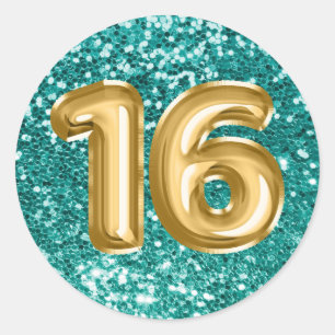 16 Gouden Folie Ballonnen Glanzend Turquoise Glitt Ronde Sticker