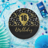 16 Gouden Verjaardagsballon op Zwart Goud Confetti Papieren Bordje (Feest)