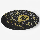 16 Gouden Verjaardagsballon op Zwart Goud Confetti Papieren Bordje (Gekanteld)