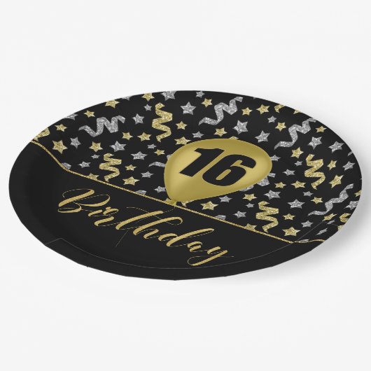 16 Gouden Verjaardagsballon op Zwart Goud Confetti Papieren Bordje (Gekanteld)