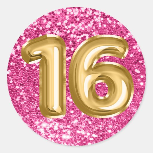 16 goudfolieballonnen Sparkly Roos Roze Glitter Ronde Sticker (Voorkant)