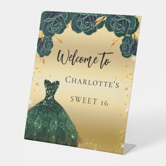 16 groene gouden sierbloemen welkom reclamebord met voetstuk (Voorkant)