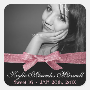 16 Grote foto met Cute Pink Glitter Ribbon Vierkante Sticker