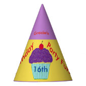 16 jaar Pet Paarse Cupcake Bewerken elke leeftijd Feesthoedjes (Voorkant)