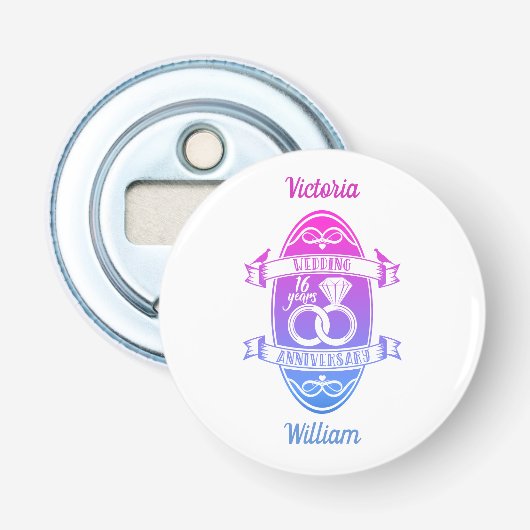 16 jaar zestiende trouwdag button flesopener (Voorkant)