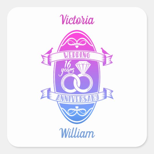 16 jaar zestiende trouwdag vierkante sticker (Voorkant)
