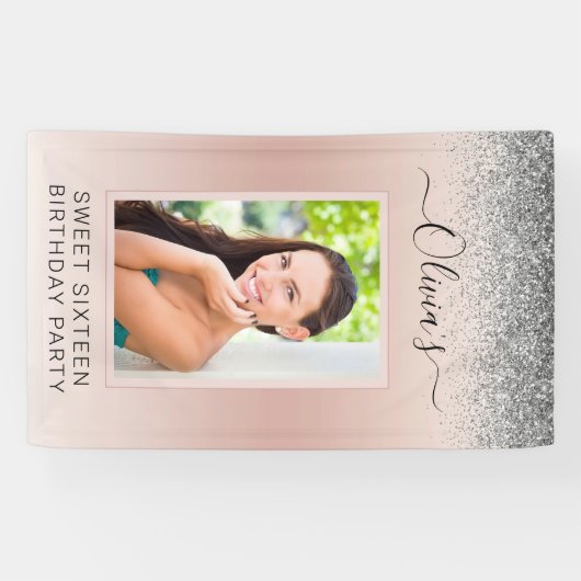 16-jarige foto roze zilver Glitter Girly Spandoek (Horizontaal)