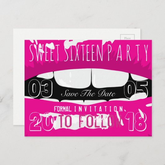 16-jarige partij op de datum roze optillen aankondigingskaart (Voorkant / Achterkant)