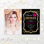 16-jarige roze kus Gold-zwarte foto Kaart<br><div class="desc">Roze Kiss Gold Black Foto Sweet 16 oktober. Zestien verjaardagsfeestdagen met je afbeelding. Kenmerkt manuscriptdoopvont,  lippen kus en confetti. Klein zwart fuchsia roze design met faux glitter Gold. Ideaal voor een elegante 16e bday viering.</div>