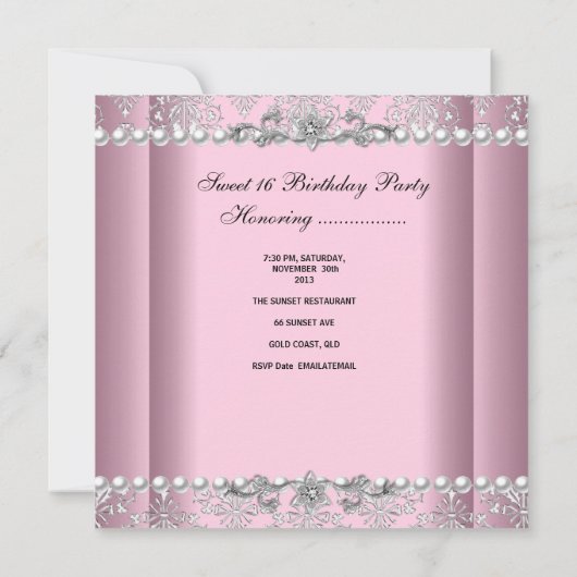 16-jarige roze zilverwitte paarse kant kaart (Achterkant)