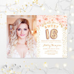 16-jarige zonsdag met foto's - goudroze Floral Kaart<br><div class="desc">Met je foto op een uitnodiging van 16 verjaardagsfeestjes. Met gouden confetti,  ballonnummer en wazig roze rozen. Sweet 16 klasjes met een glam faux glitter. Ideaal voor een elegante 16e bday viering.</div>