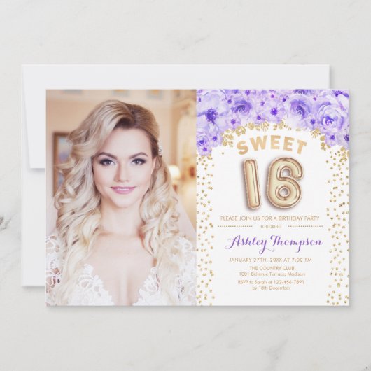 16-jarige zweet met foto's - Paarse gouden bloemen Kaart (Voorkant)