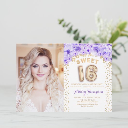 16-jarige zweet met foto's - Paarse gouden bloemen Kaart (Staand voorkant)