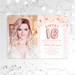 16-jarige zweet met foto's - Roos goudbloem Kaart<br><div class="desc">Met je foto op een uitnodiging van 16 verjaardagsfeestjes. Met roos gouden confetti,  ballonnummer en wazige roze rozen. Sweet 16 klasjes bloemvormgeving met glam faux glitter roos gold. Ideaal voor een elegante 16e bday viering.</div>