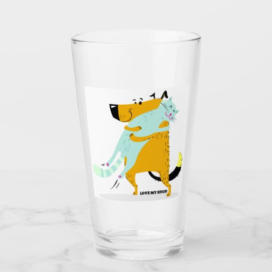 16 oz. Pint glas met hond en kat knuffelen (Voorkant)