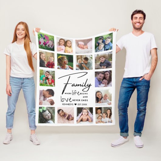 16 Photo Collage Family Quote Name Black And white Fleece Deken (In situ)