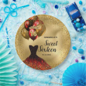 16 Red Dress Gold Glitter 16th Birthday Papieren Bordje (Feest)