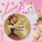 16 Red Dress Gold Glitter 16th Birthday Papieren Bordje (Feest)