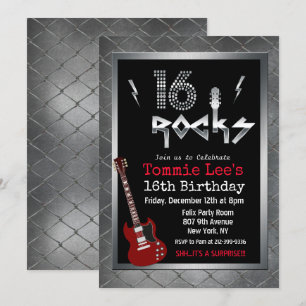 16 Rocks Rockstar Gitaar 16e Verjaardagsuitnodigin Kaart