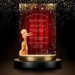 16 rode gouden glitter-kledingfeest uitnodiging briefkaart<br><div class="desc">Een moderne, stijlvolle en glamoureuze uitnodiging voor een Sweet 16, 16e verjaardagsfeest, Hollywood-thema. Een rode achtergrond met faux goud glitter stof, een meisje met een gouden jurk. Een rood filmgordijn als achtergrond De naam wordt geschreven met een modern, met de hand geschreven stijlscript. Pas je partijgegevens aan en voeg deze...</div>