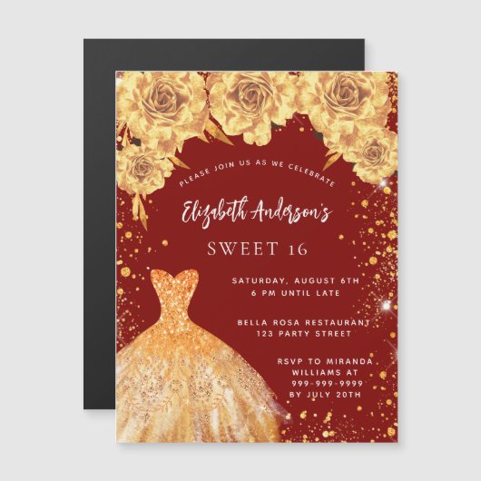 16 rode gouden glitterjurk rozen luxe magnetische uitnodiging (Voorkant / Achterkant)