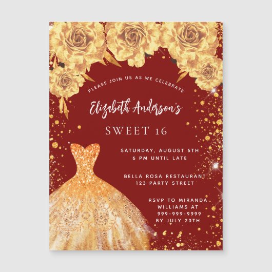 16 rode gouden glitterjurk rozen luxe magnetische uitnodiging (Voorkant)