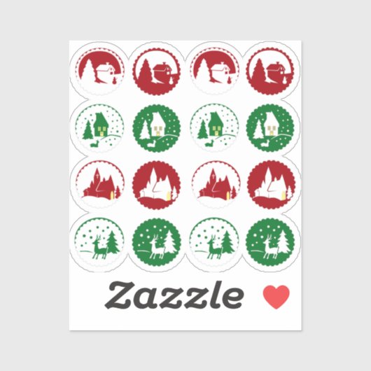 16 Rode groene kerst vakantie winter scène set Sticker (Vel)