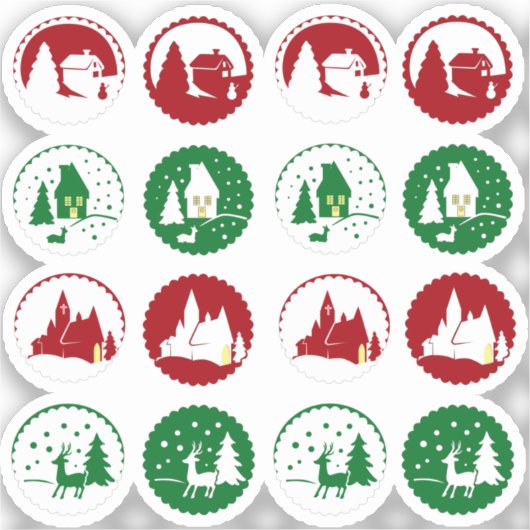 16 Rode groene kerst vakantie winter scène set Sticker (Voorkant)