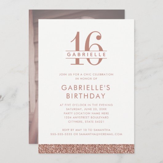 16 Roos Blush Roze Glitter Foto Birthday Kaart (Voorkant / Achterkant)