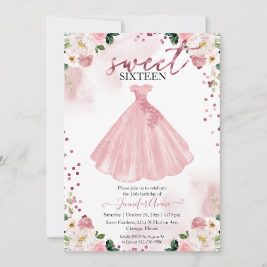 16 Roos Gold Blush Waterverf Flowers Dress Kaart (Voorkant)