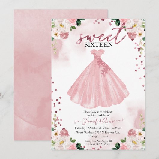 16 Roos Gold Blush Waterverf Flowers Dress Kaart (Voorkant / Achterkant)