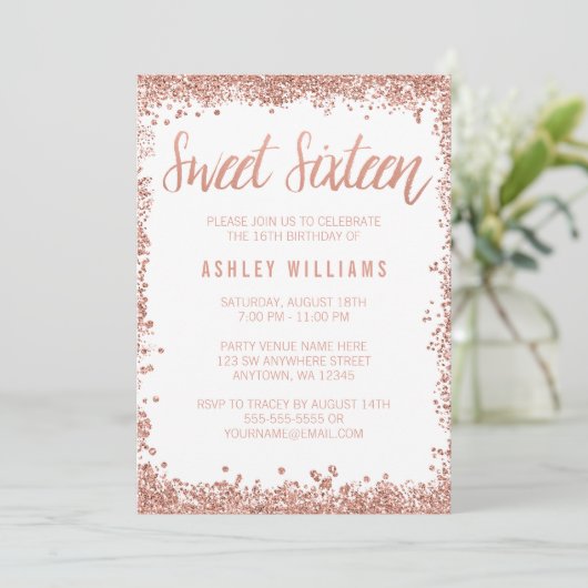 16 Roos Gold Faux Glitter Birthday Party Kaart (Staand voorkant)