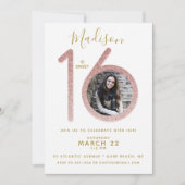 16 Roos Gold Glitter Birthday Foto Kaart (Voorkant)