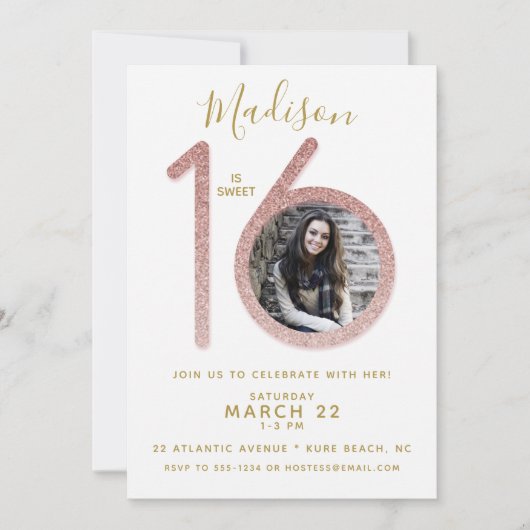 16 Roos Gold Glitter Birthday Foto Kaart (Voorkant)