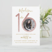 16 Roos Gold Glitter Birthday Foto Kaart (Staand voorkant)