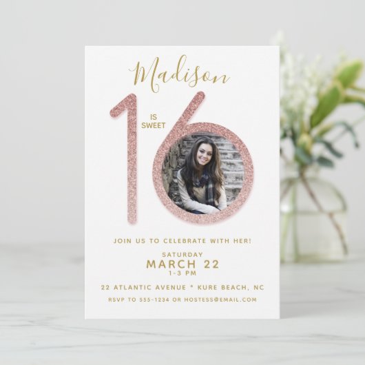 16 Roos Gold Glitter Birthday Foto Kaart (Staand voorkant)