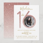 16 Roos Gold Glitter Birthday Foto Kaart (Voorkant / Achterkant)