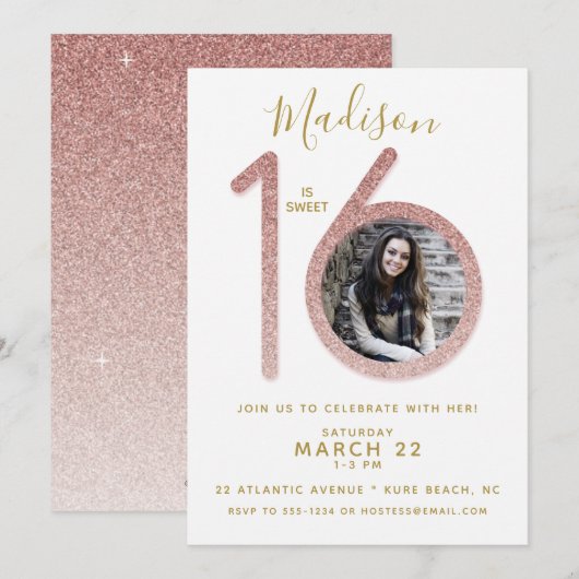 16 Roos Gold Glitter Birthday Foto Kaart (Voorkant / Achterkant)