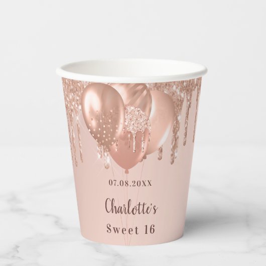 16 roos goudballonnen 16e verjaardag papieren bekers (Voorkant)