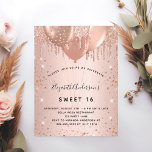16 roos gouden glitter druppels ballonnen 16e uitnodiging briefkaart<br><div class="desc">Voor een elegant Sweet 16,  16e verjaardag. Een roos gouden faux metallische achtergrond. Gedecorreerd met roos goud,  roze faux glitterdruppels,  verfdruppelende blik en ballonnen. Geef een persoonlijke naam,  leeftijd en partijgegevens op en voeg deze toe. De naam wordt geschreven met een handgeschreven stijlmanuscript</div>