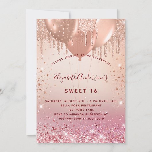 16 roos goudroze glitterballonglazuur 16e kaart (Voorkant)