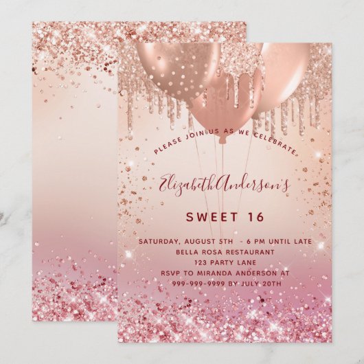 16 roos goudroze glitterballonglazuur 16e kaart (Voorkant / Achterkant)