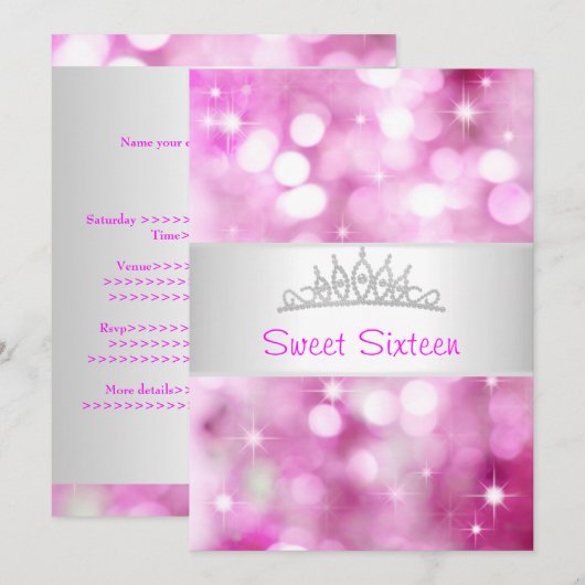 16 roze belletjes Silver Jewel Tiara Party 18 Kaart (Voorkant / Achterkant)