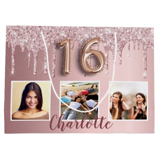 16 roze glitter druppelt foto-monogram 16e groot cadeauzakje (Achterkant)