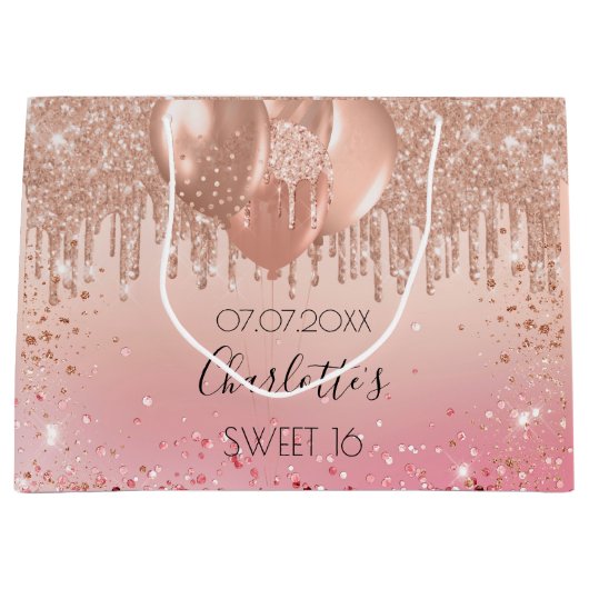 16 roze roze roze goudglitterdripballonnen groot cadeauzakje (Voorkant)