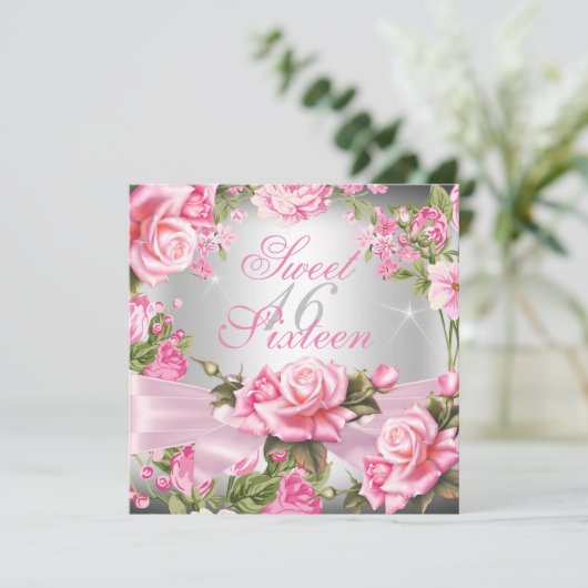 16 roze roze roze roodroze zilver bloemetjesdag kaart (Staand voorkant)