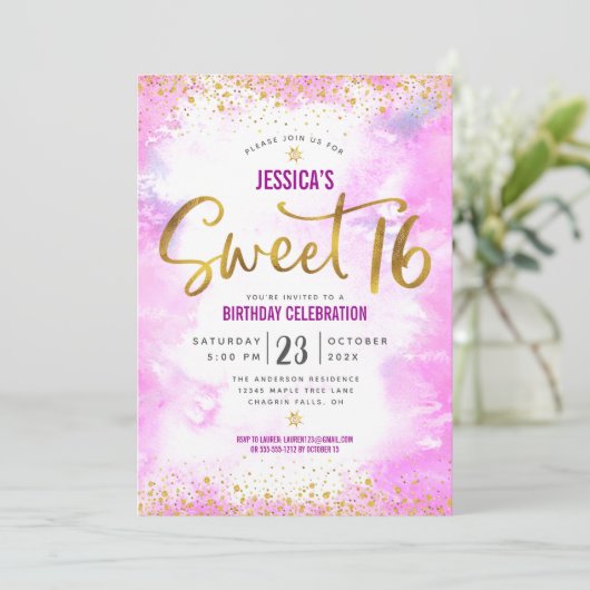 16 roze Waterverf Gold Girly Glam Birthday Kaart (Staand voorkant)