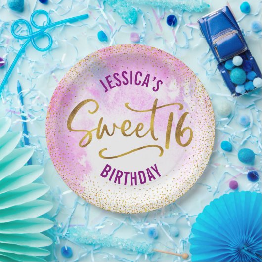 16 roze Waterverf Gold Glam Girly Birthday Papieren Bordje (Feest)