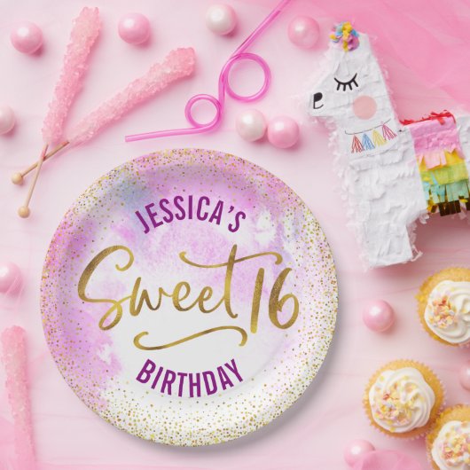 16 roze Waterverf Gold Glam Girly Birthday Papieren Bordje (Feest)