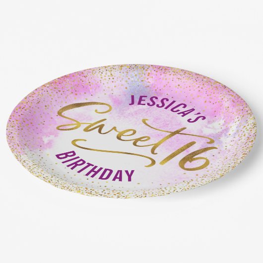 16 roze Waterverf Gold Glam Girly Birthday Papieren Bordje (Gekanteld)
